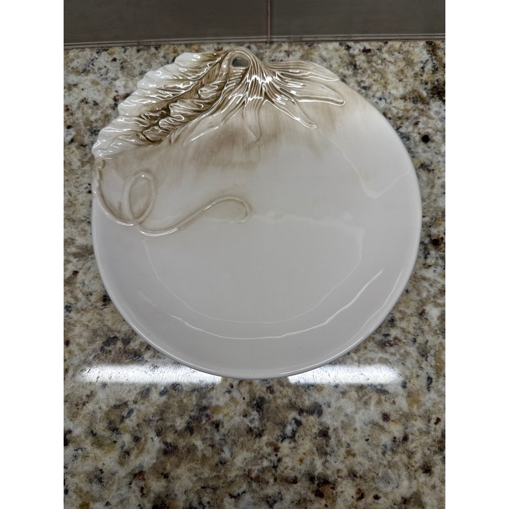 Fitz and Floyd Carrington Salad Plate Cream Taupe Embossed Leaf Ribbon Ceramic‎